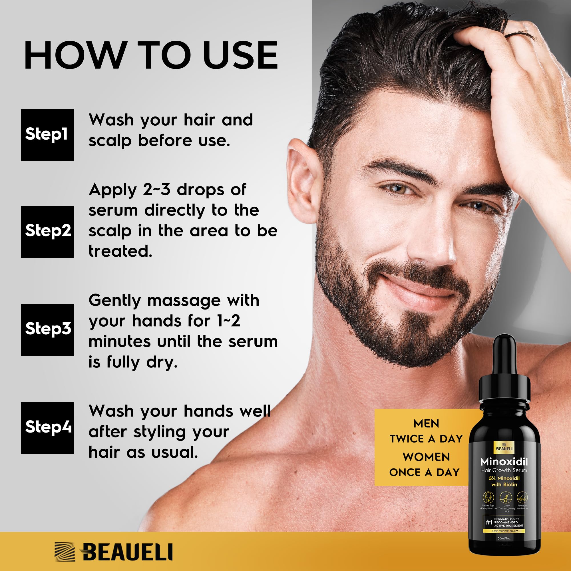 Beaueli Minoxidil sans parabènes et sulfates, formulation responsable pour cheveux.