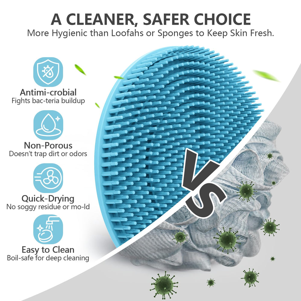 Brosse silicone BEAUTAIL pour le corps bleu, massage léger pendant la douche.