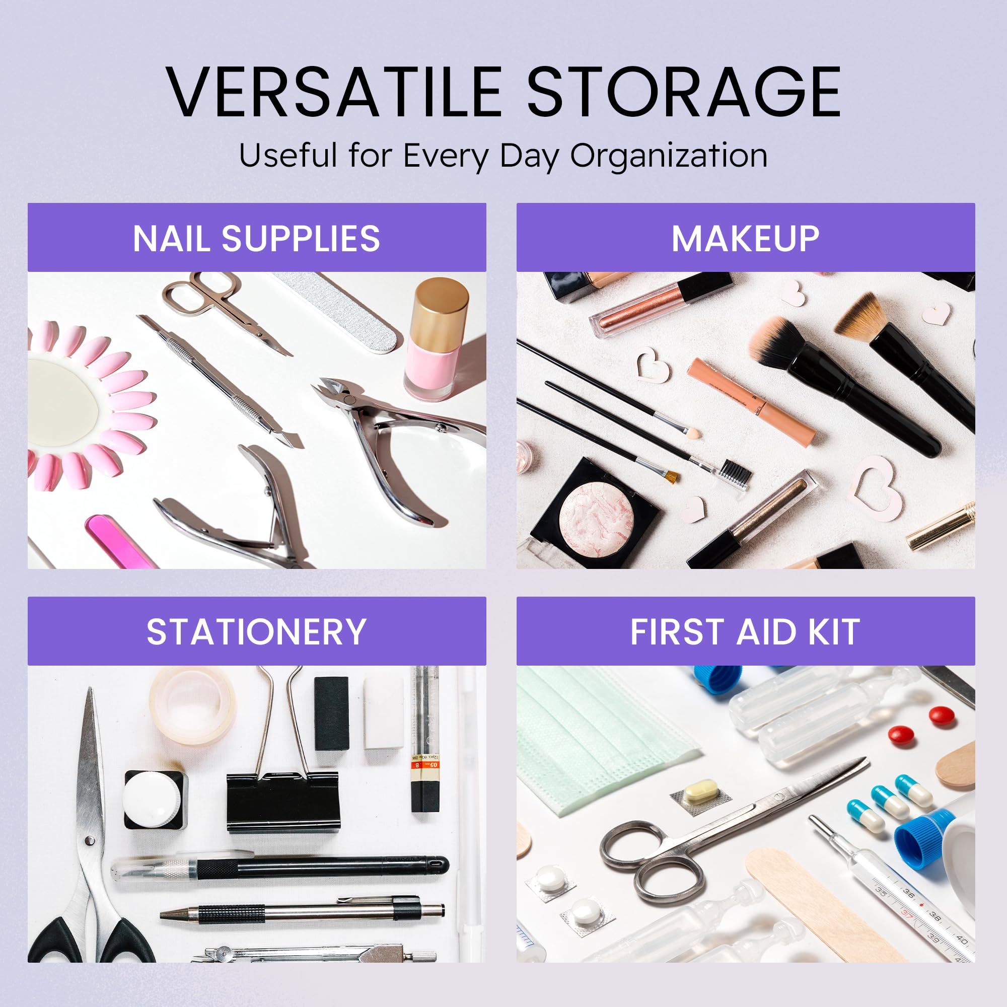 Vue claire Beauticom, compartiments compacts et transparence pratique.