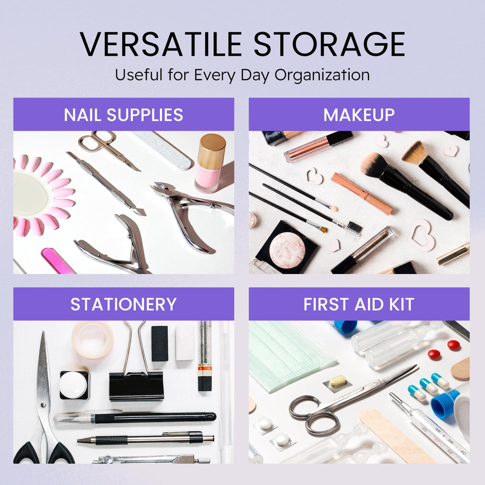 Vue claire Beauticom, compartiments compacts et transparence pratique.