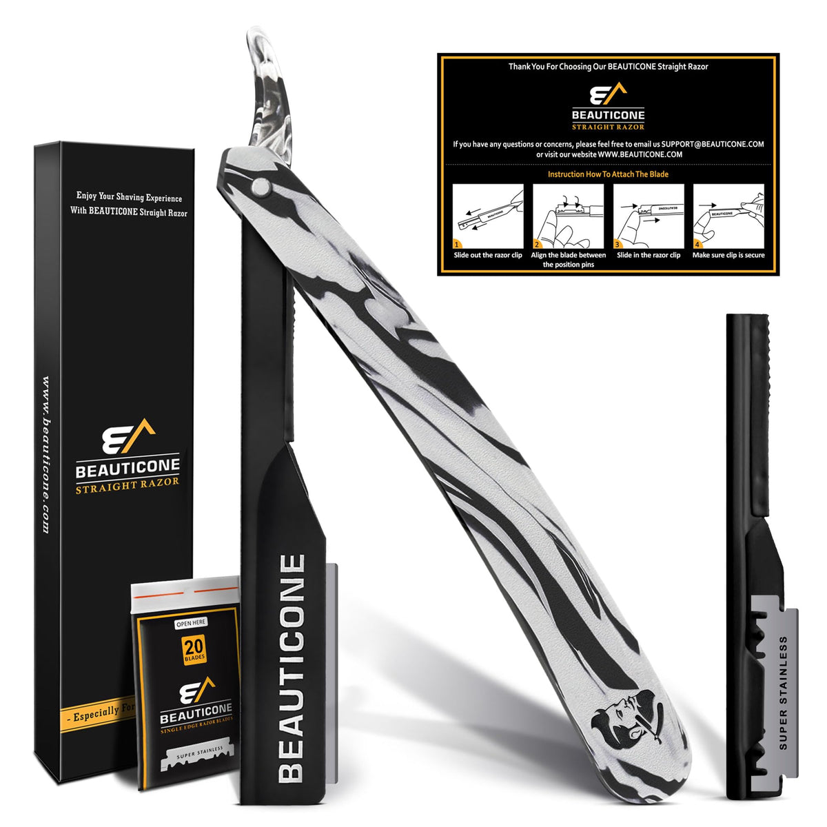 Beauticone rasoir droit professionnel avec kit de lames remplaçables pour salons.
