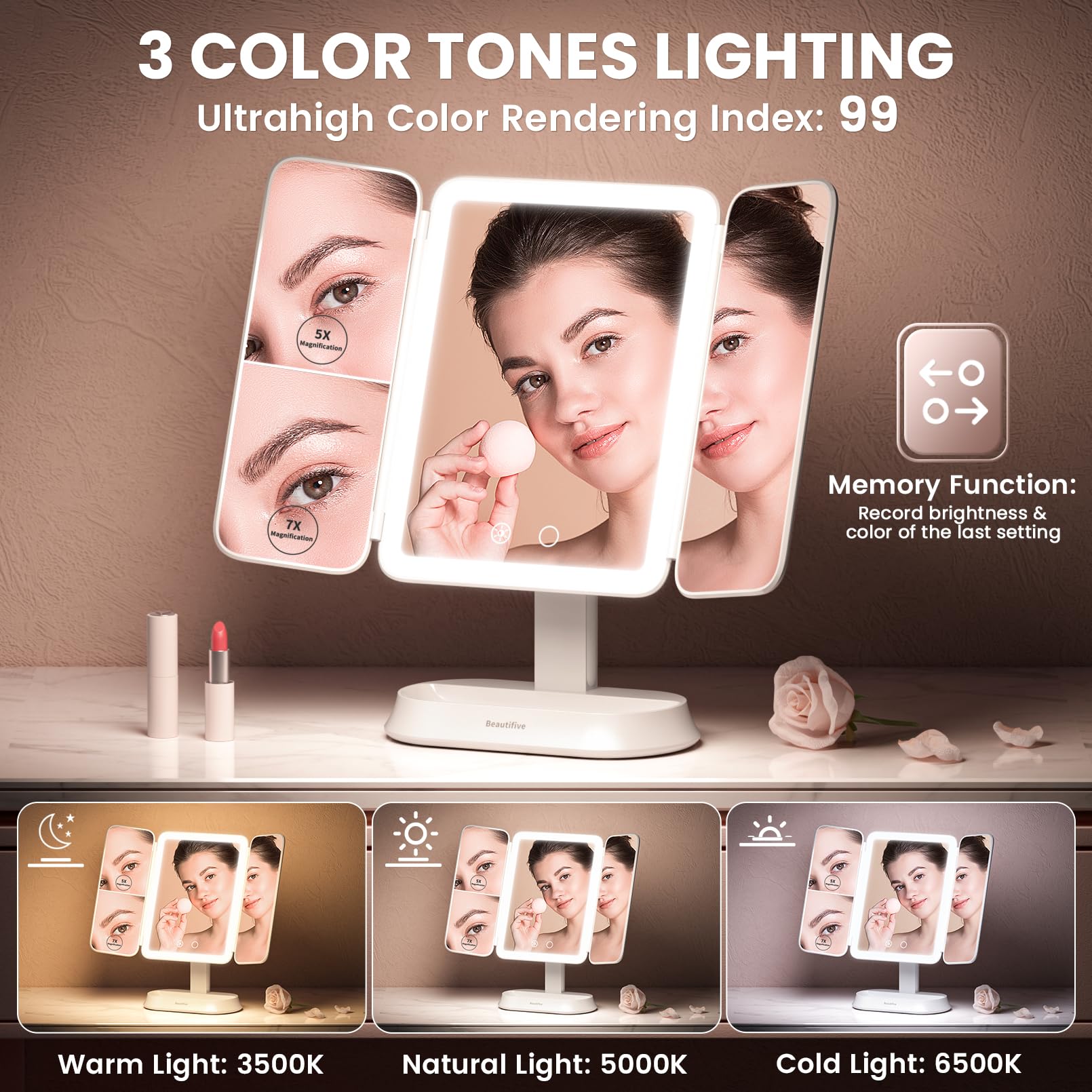 Beautifive Miroir LED, trois couleurs de lumière pour différentes ambiances.