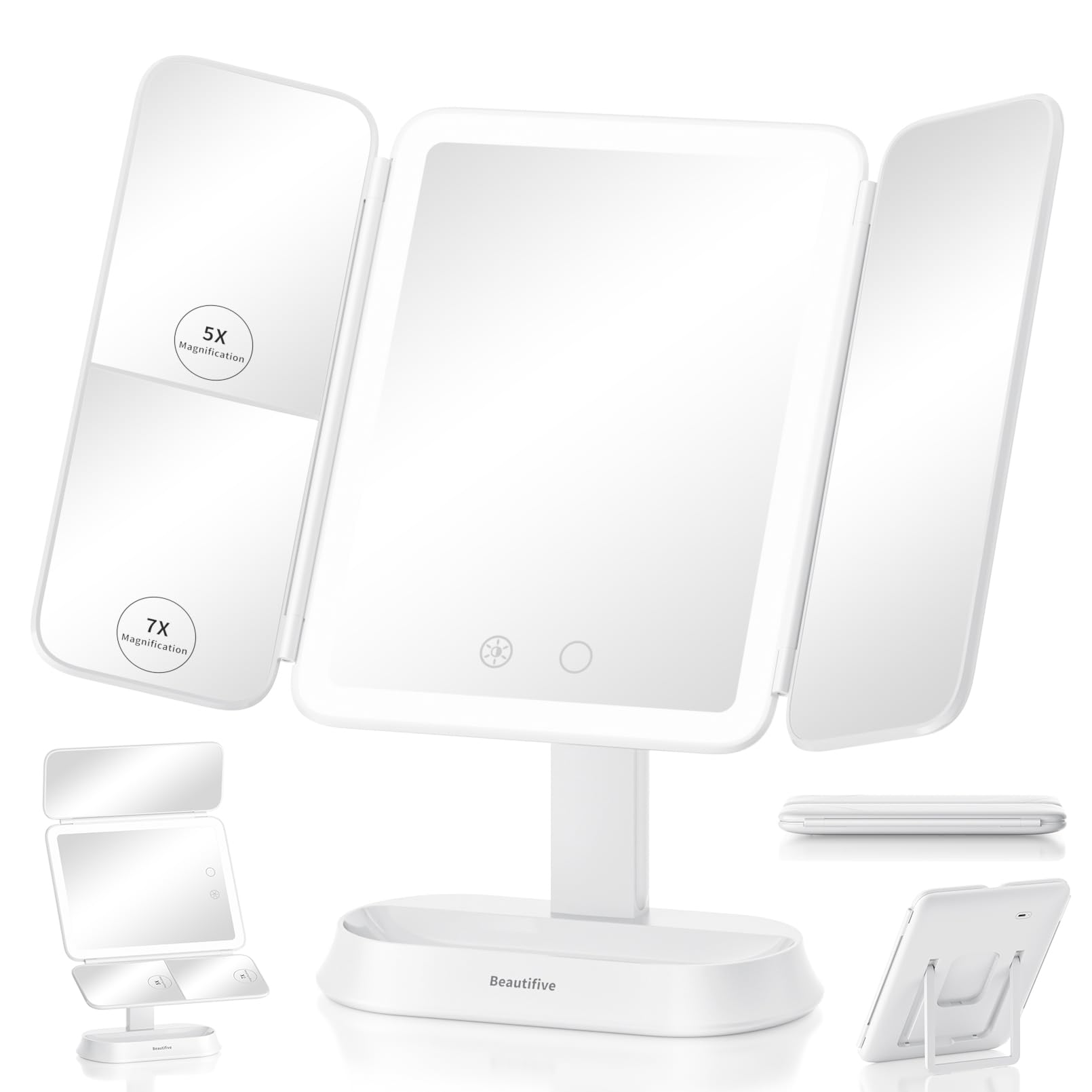 Beautifive Miroir maquillage lumineux détachable, prêt pour voyage et rangement facile.