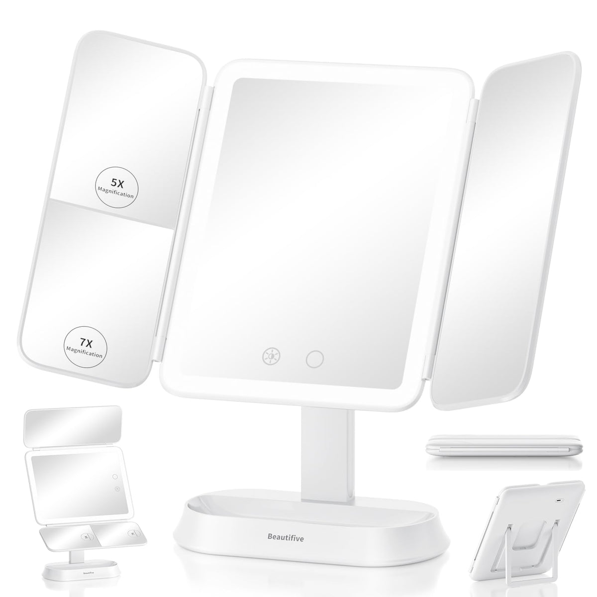 Beautifive Miroir maquillage lumineux détachable, prêt pour voyage et rangement facile.