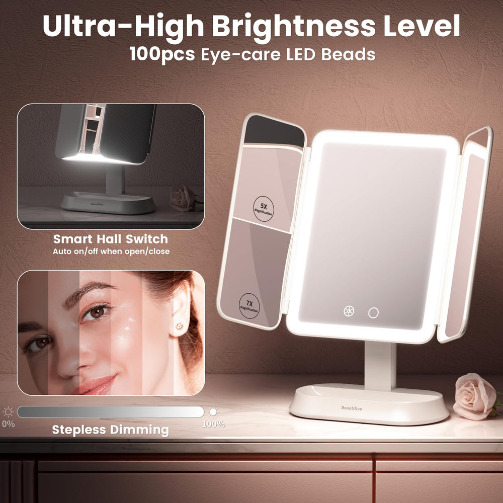 Beautifive Miroir rechargeable par Type-C, usage sans fil pratique.
