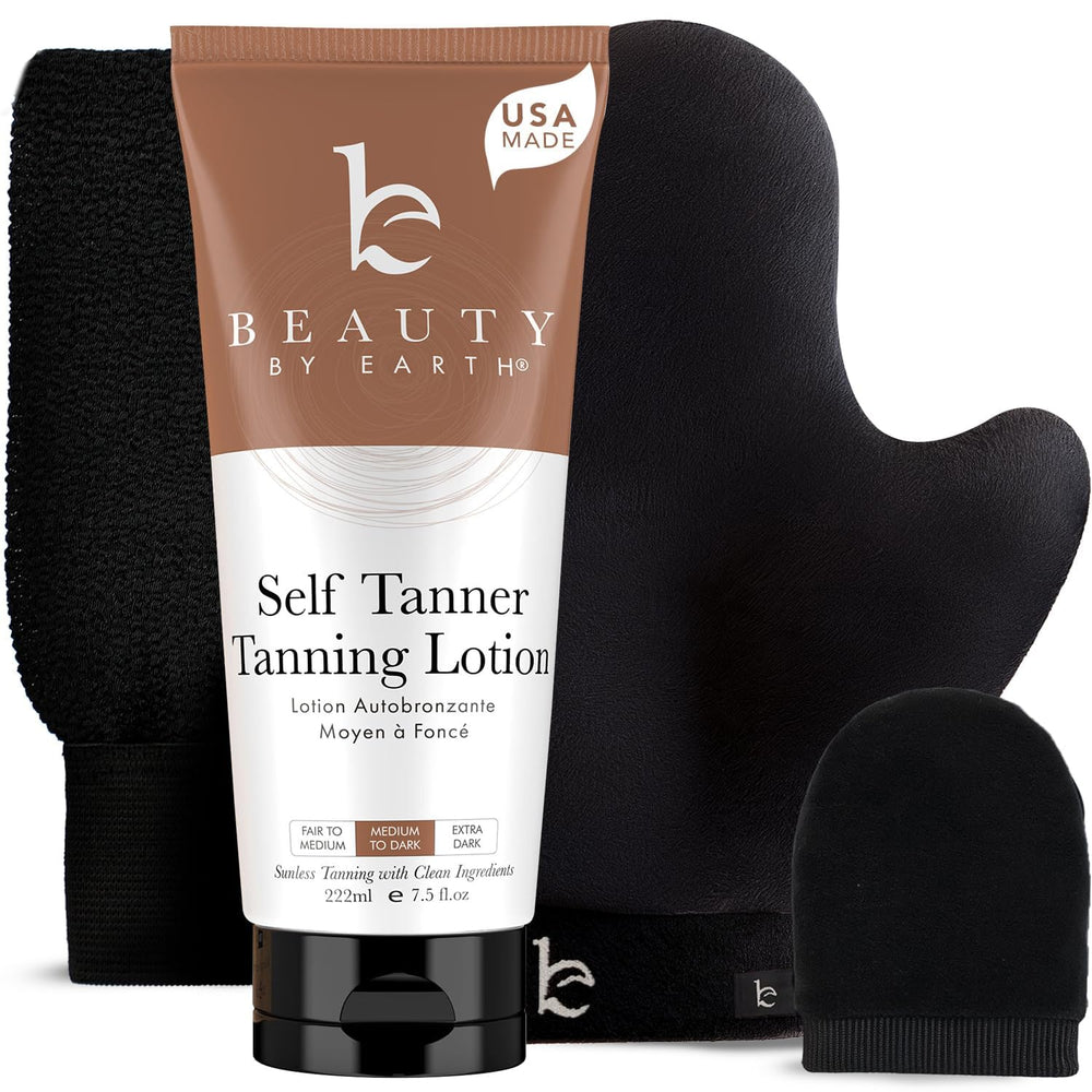 Beauty by Earth flacon d'auto-bronzant, application facile et résultat uniforme.