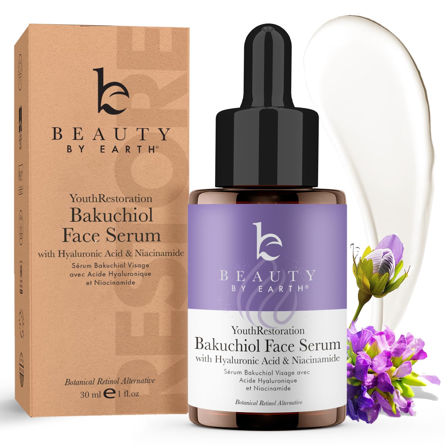 Sérum Beauty by Earth Bakuchiol, bouteille-pour, pour lisser et nourrir la peau.