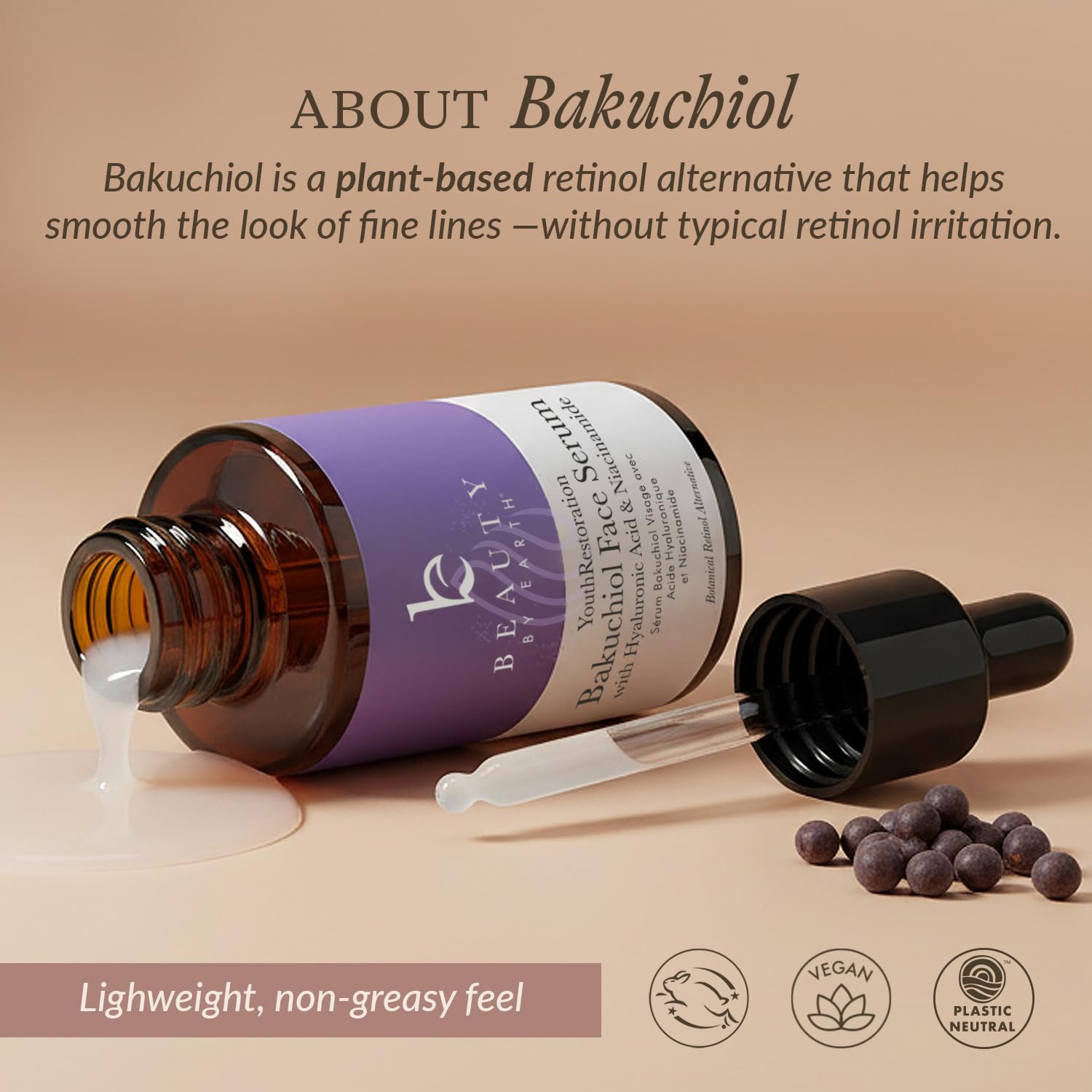 Sérum Beauty by Earth Bakuchiol, fabriqué aux États‑Unis, ingrédients naturels et biologiques.