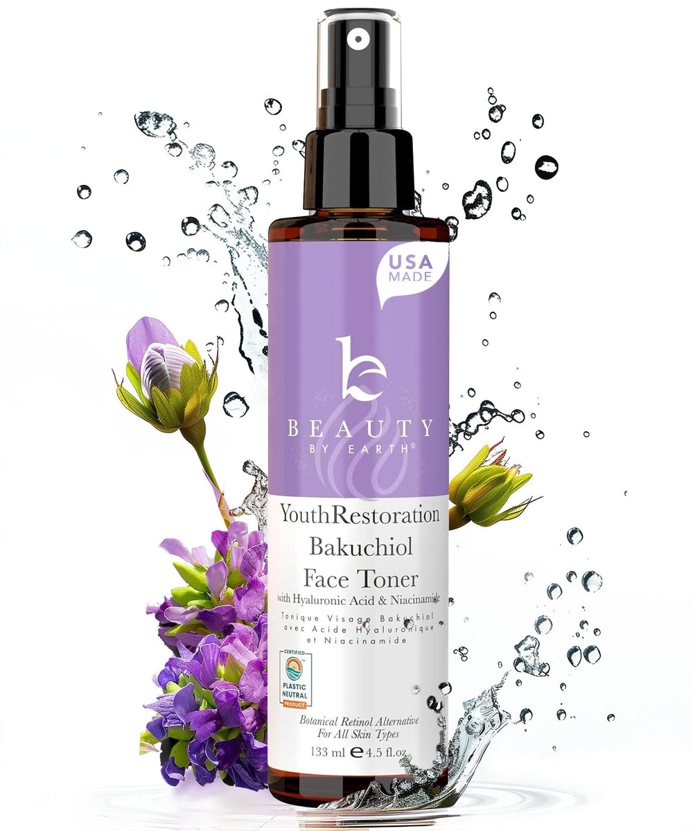 Beauty by Earth Bakuchiol Toner : flacon-pompe, soin visage pour peau équilibrée.