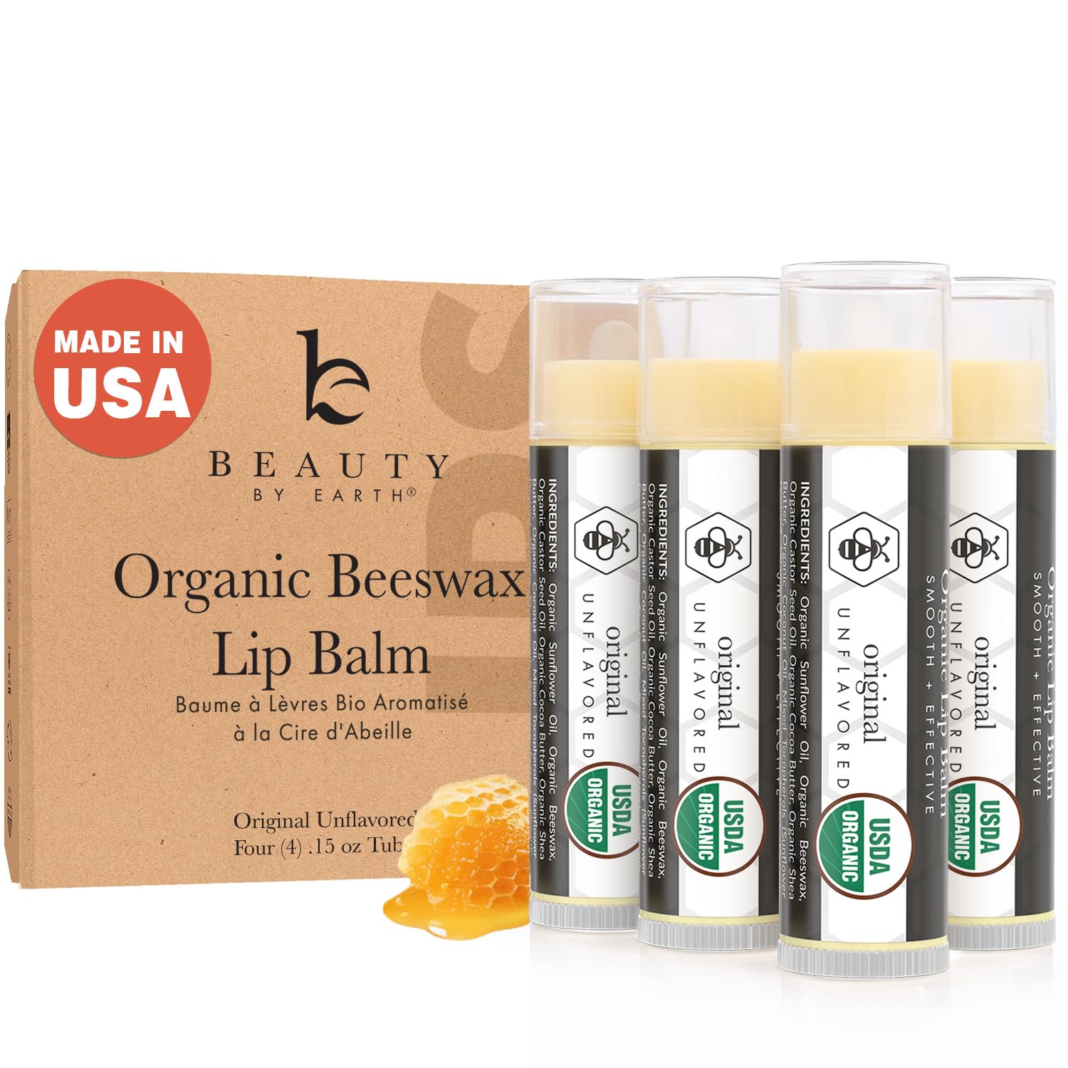 Baume lèvres Beauty by Earth USDA biologique, pack 4 sans parfum, hydratation durable