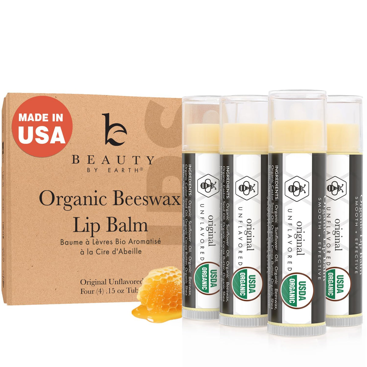Baume lèvres Beauty by Earth USDA biologique, pack 4 sans parfum, hydratation durable
