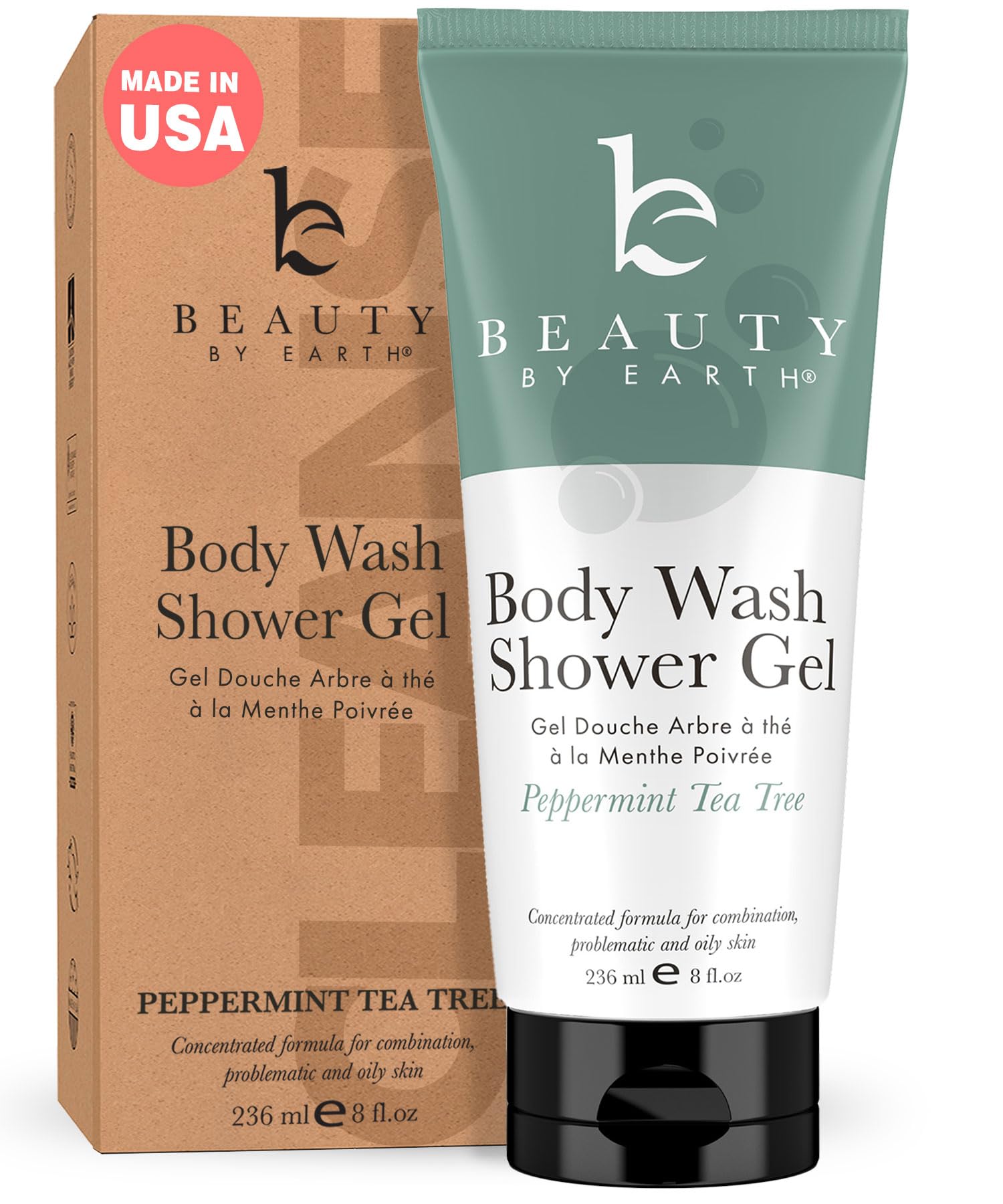 Beauty by Earth – Bouteille gel douche menthe et arbre a the, hydratation légère