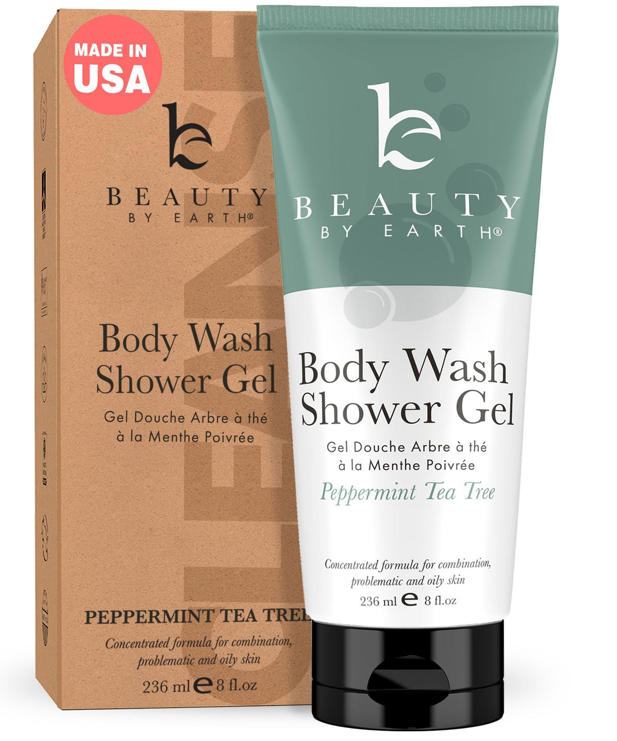 Beauty by Earth – Bouteille gel douche menthe et arbre a the, hydratation légère