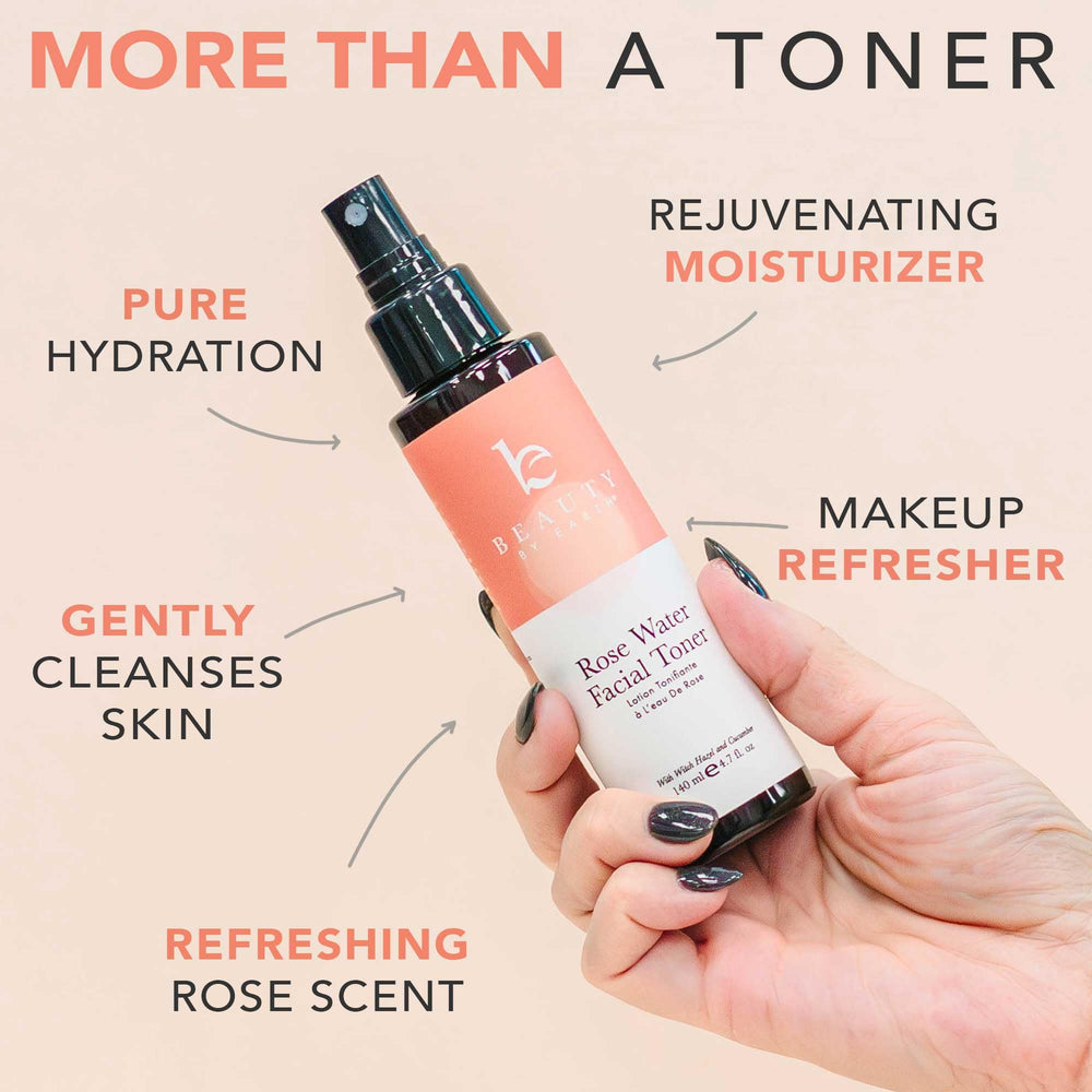 Beauty by Earth eau de rose sans alcool, rafraîchit le visage et rééquilibre le pH.