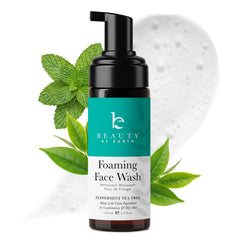 Beauty by Earth foaming face wash bottle highlights natural ingredients for daily cleansing.
