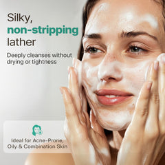 Close-up of rich foam demonstrates a gentle cleanse for sensitive skin.