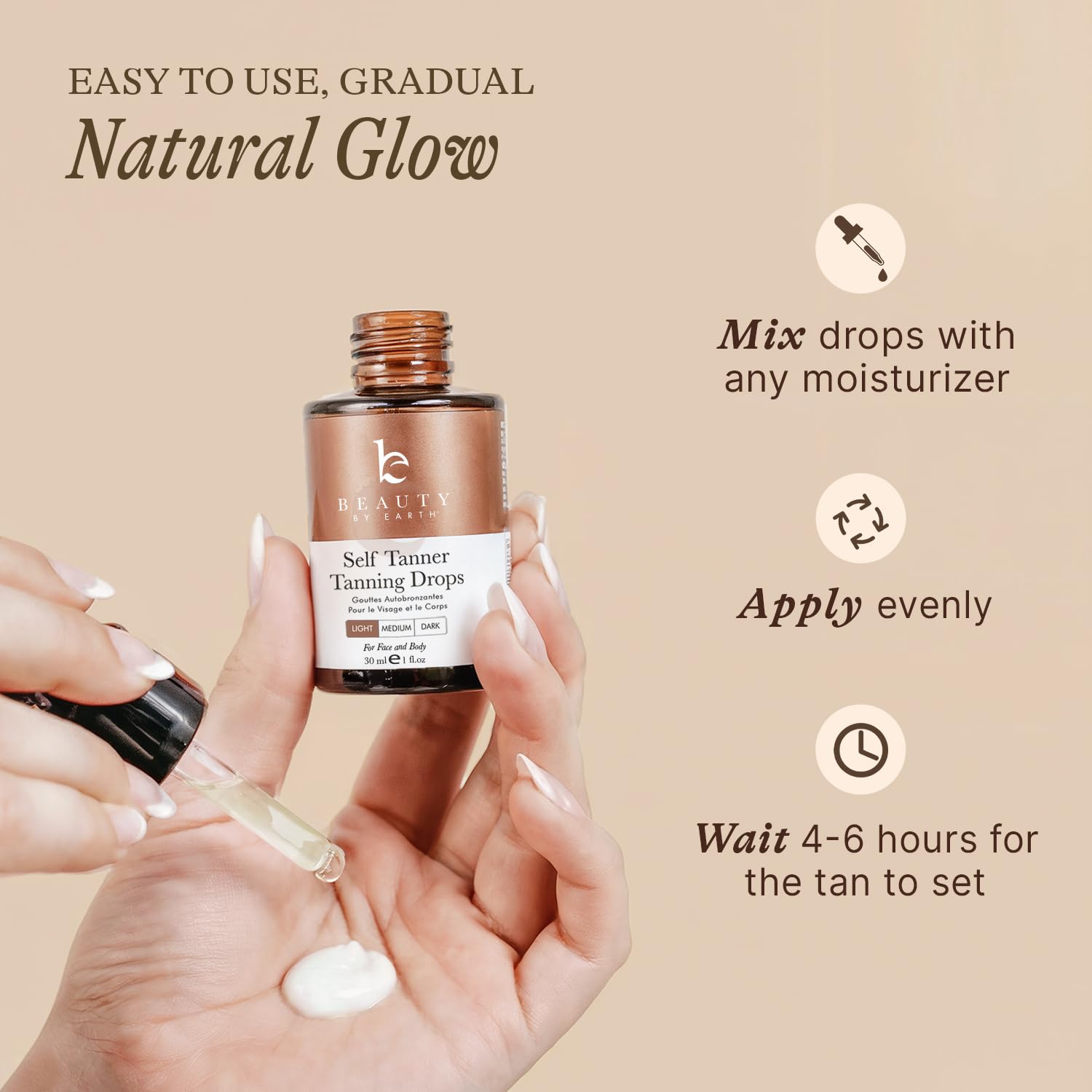 Beauty by Earth gouttes auto-bronzage visage aloe vera pour hydrater et apaiser.