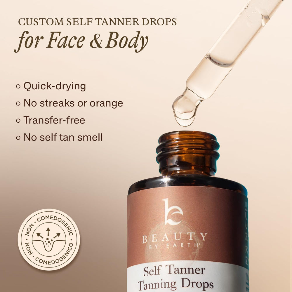 Beauty by Earth gouttes auto-bronzage visage application avec lotion, intensité personnalisée.