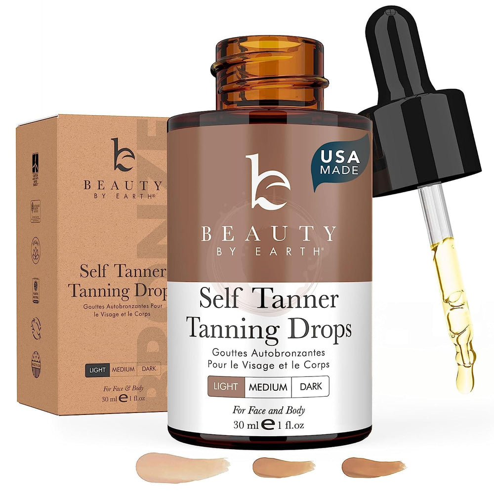 Beauty by Earth gouttes auto-bronzage visage flacon pour teint naturel et lumineux.