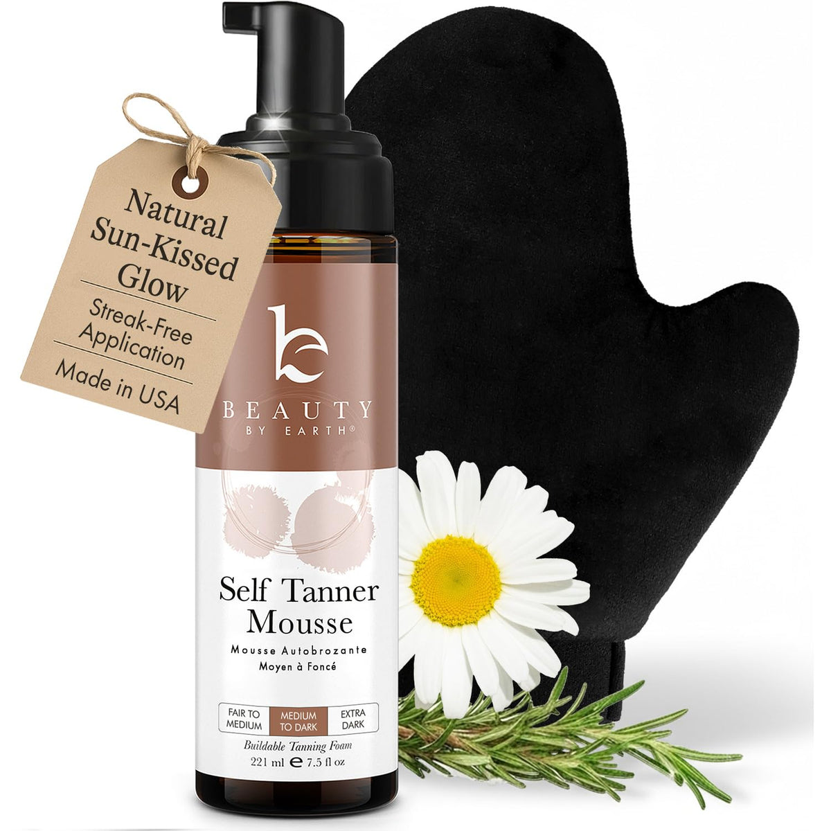 Beauty by Earth Mousse auto-bronzante Kit : application fluide et résultat naturel.