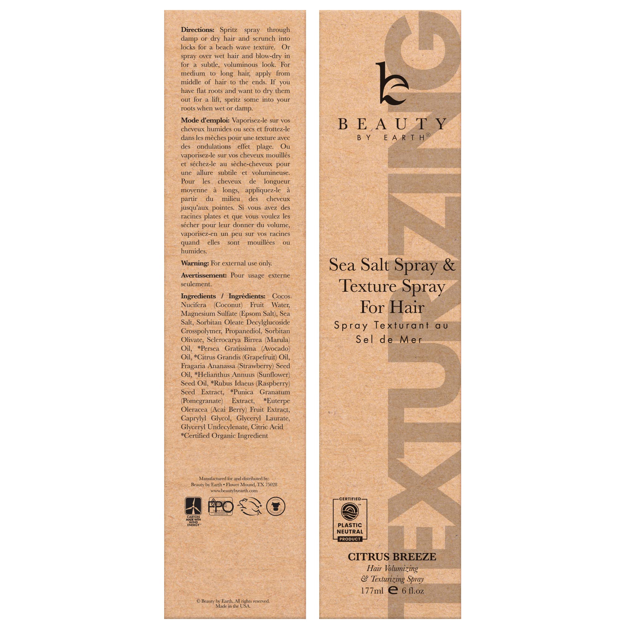 Beauty by Earth Sea Salt Spray on shelf shows eco-friendly packaging