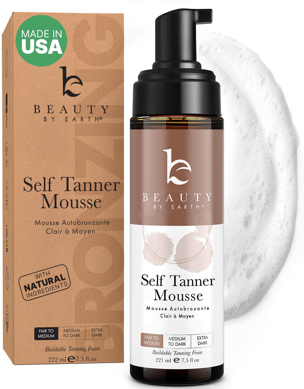 Beauty by Earth Self Tanner Mousse : bouteille en gros plan pour une application naturelle et sans traces.