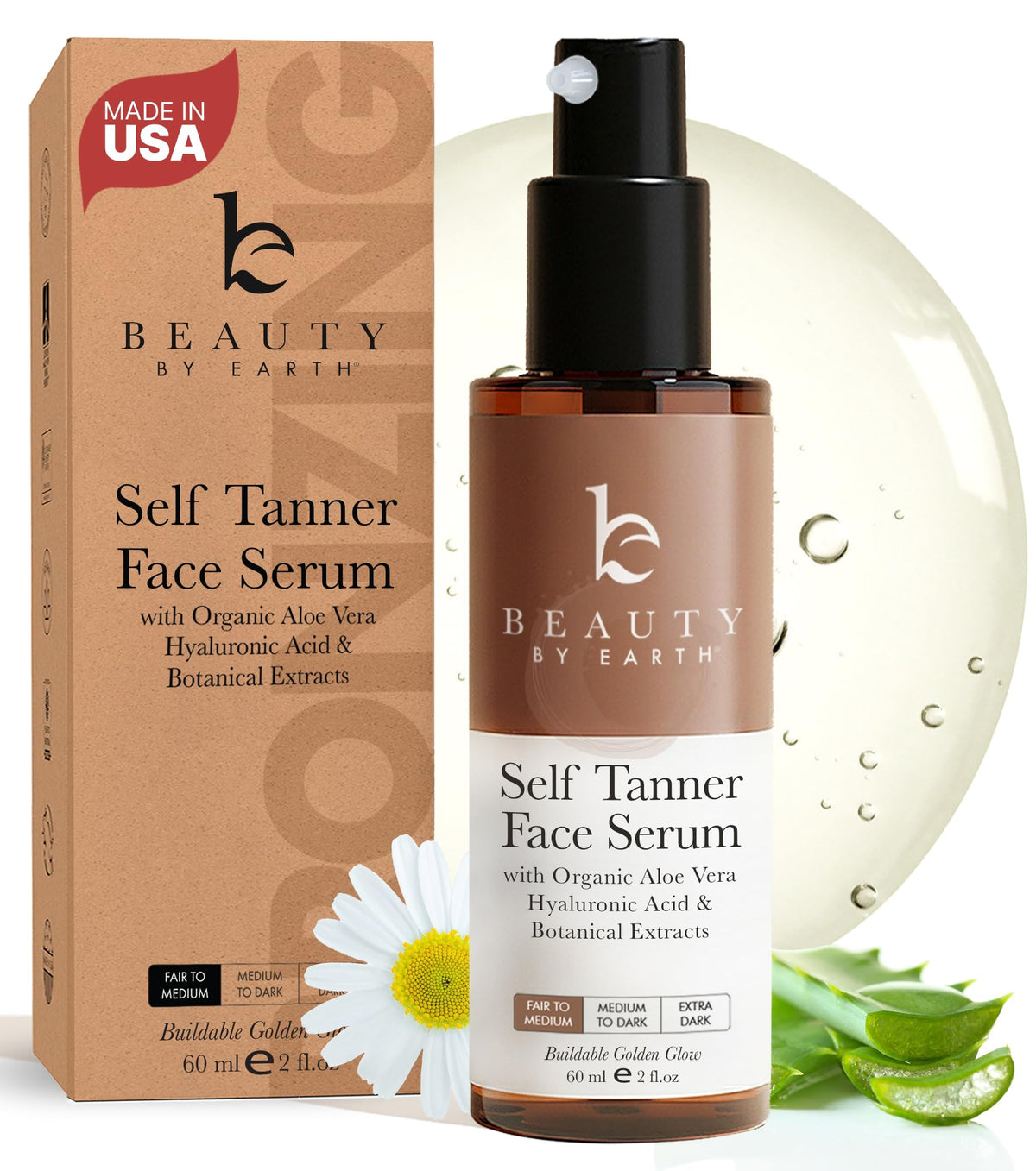 Beauty by Earth — sérum autobronzant visage, bouteille prête à l’emploi.