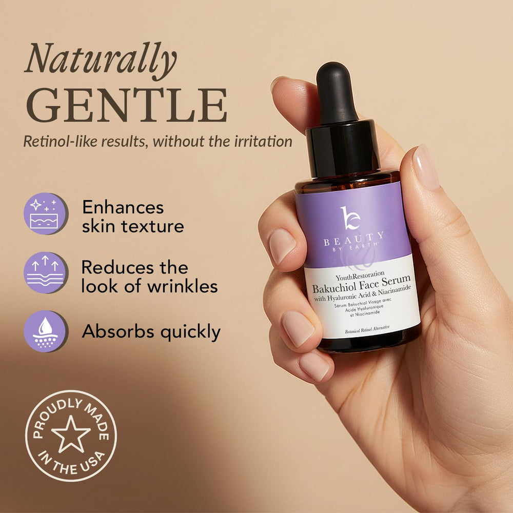 Sérum Beauty by Earth Bakuchiol, peau rayonnante, peut lisser les ridules.