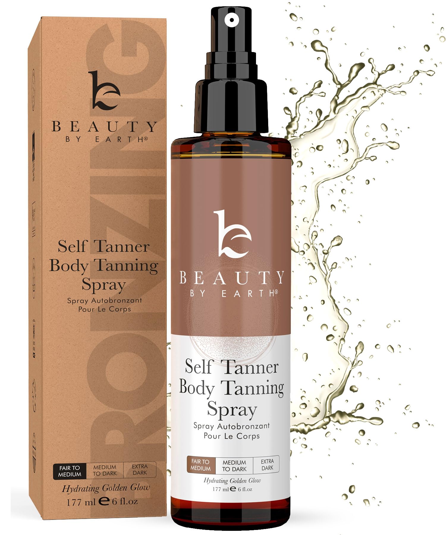 Beauty by Earth Spray bronzant clair à moyen pour peau pâle, résultat naturel.