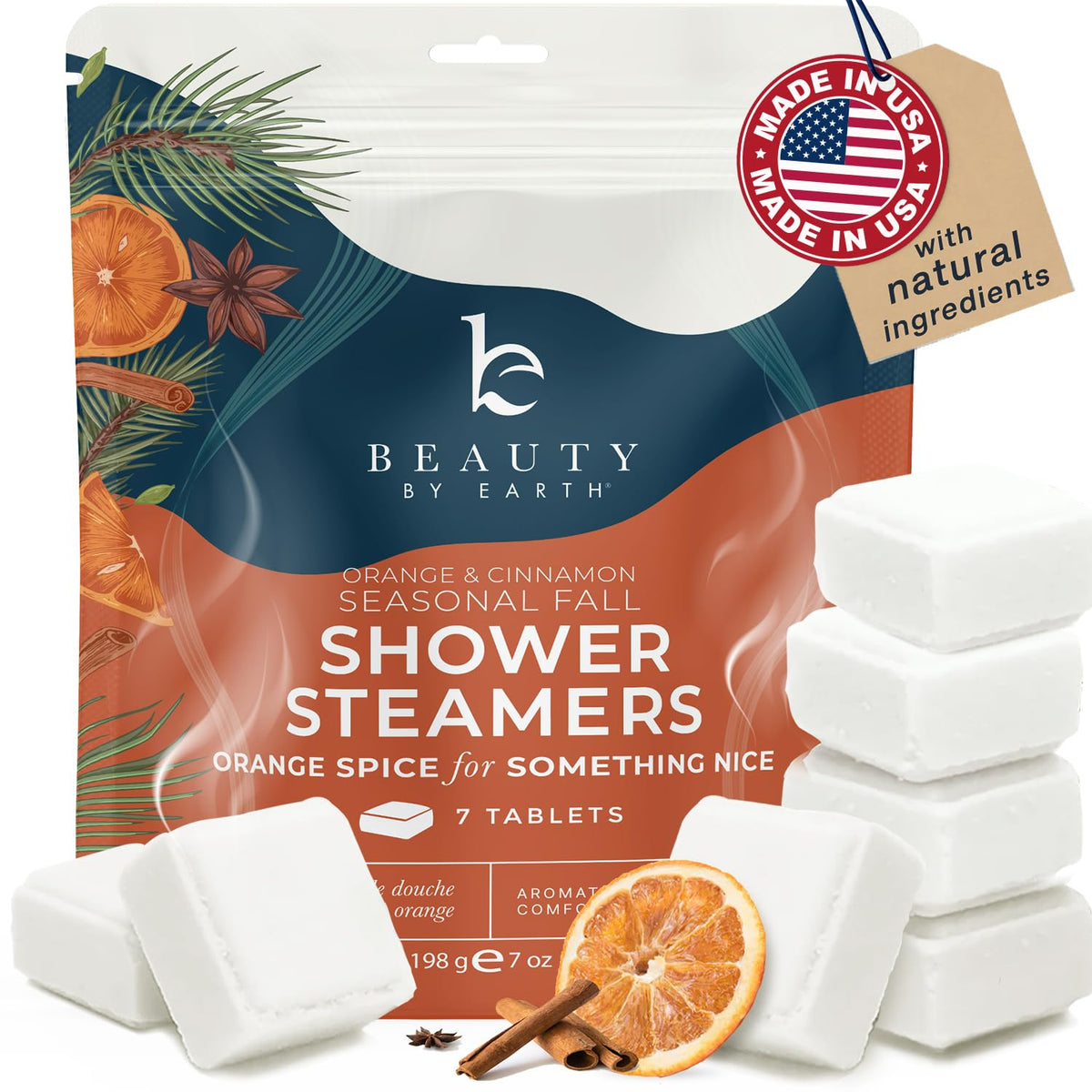 Beauty by Earth – tablette douche orange et sapin pour relaxation rapide.