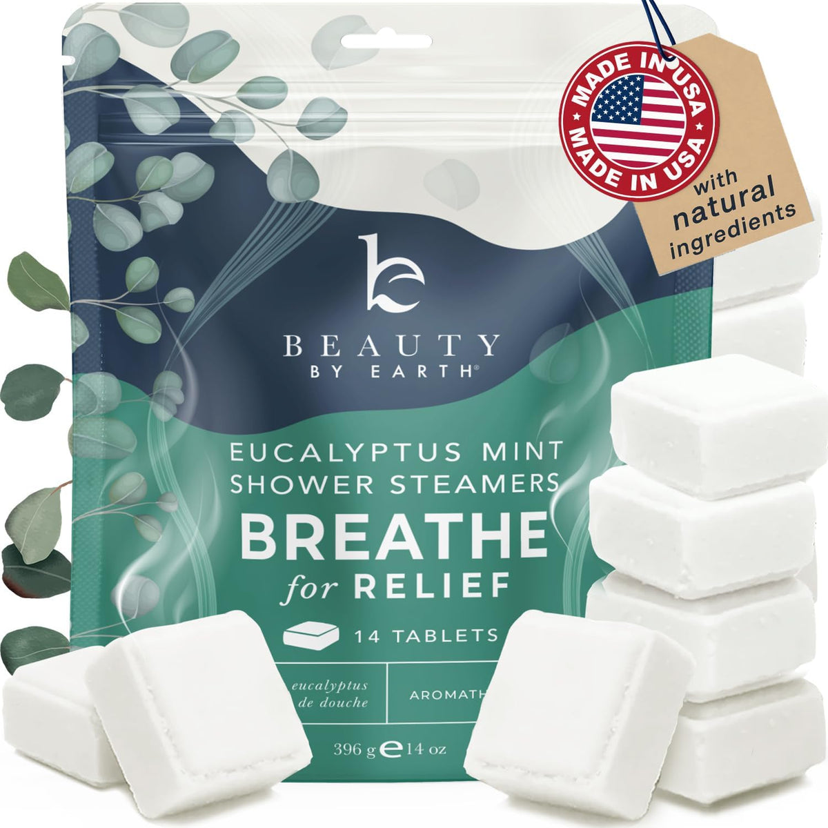 Bombes de douche Beauty by Earth aromathérapie libérant eucalyptus frais.