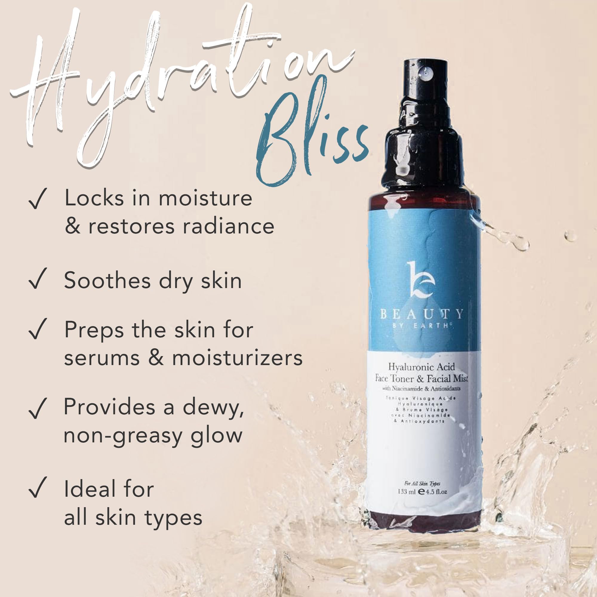 Application en brume légère sur le visage avec le tonique Beauty by Earth.