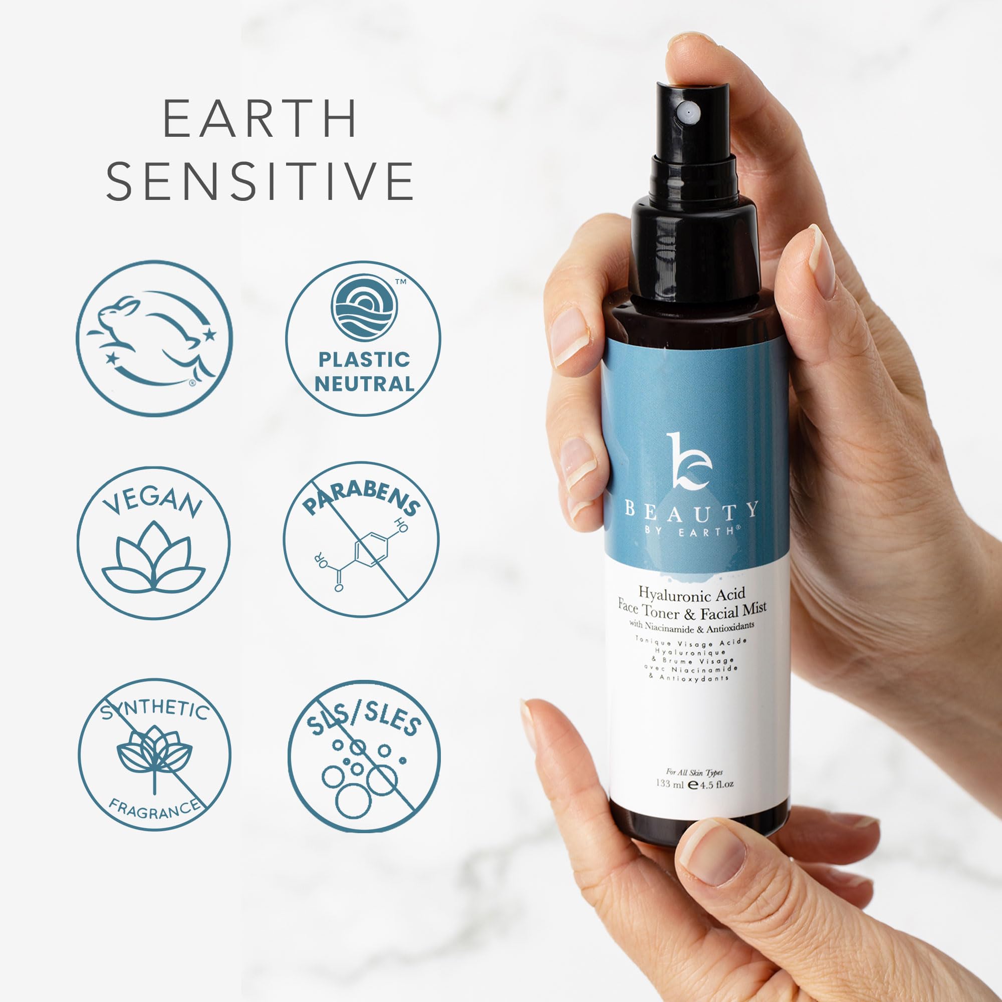 Emballage Beauty by Earth, fabriqué aux États‑Unis, garantissant qualité.