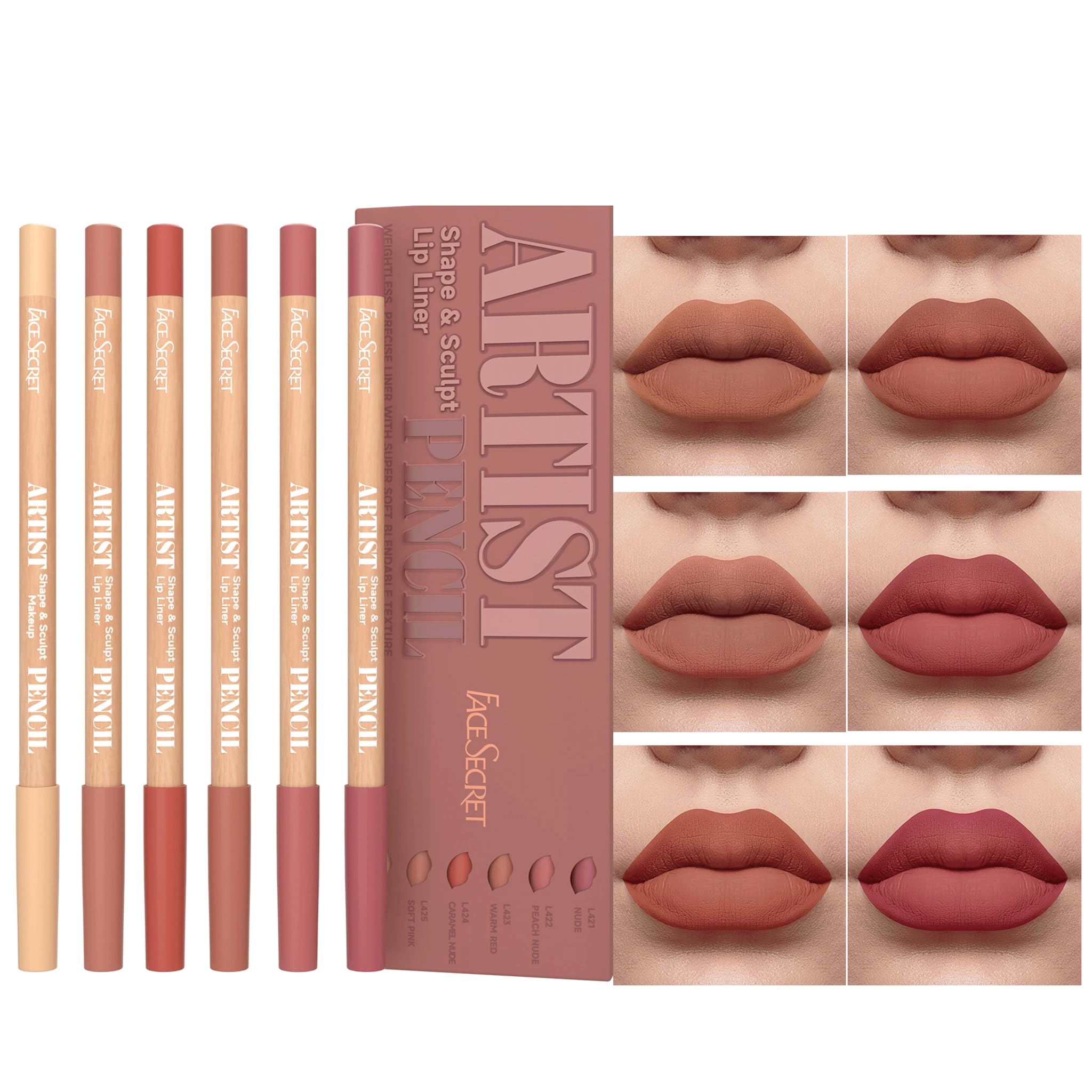 Contour des lèvres Beauty Glazed, six teintes nu, tenue longue durée et précision.
