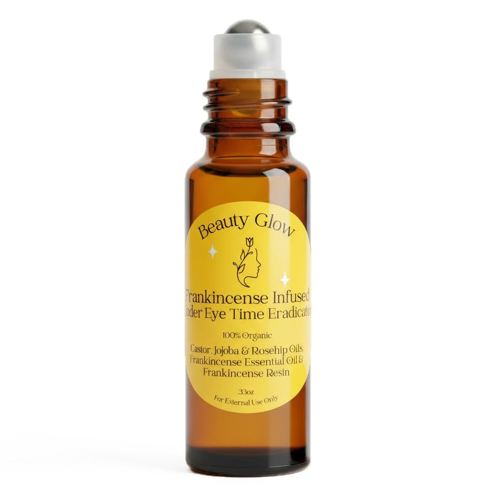 Beauty Glow Age Eraser Roll-On, bouteille ambre, hydratation ciblée pour le contour des yeux.
