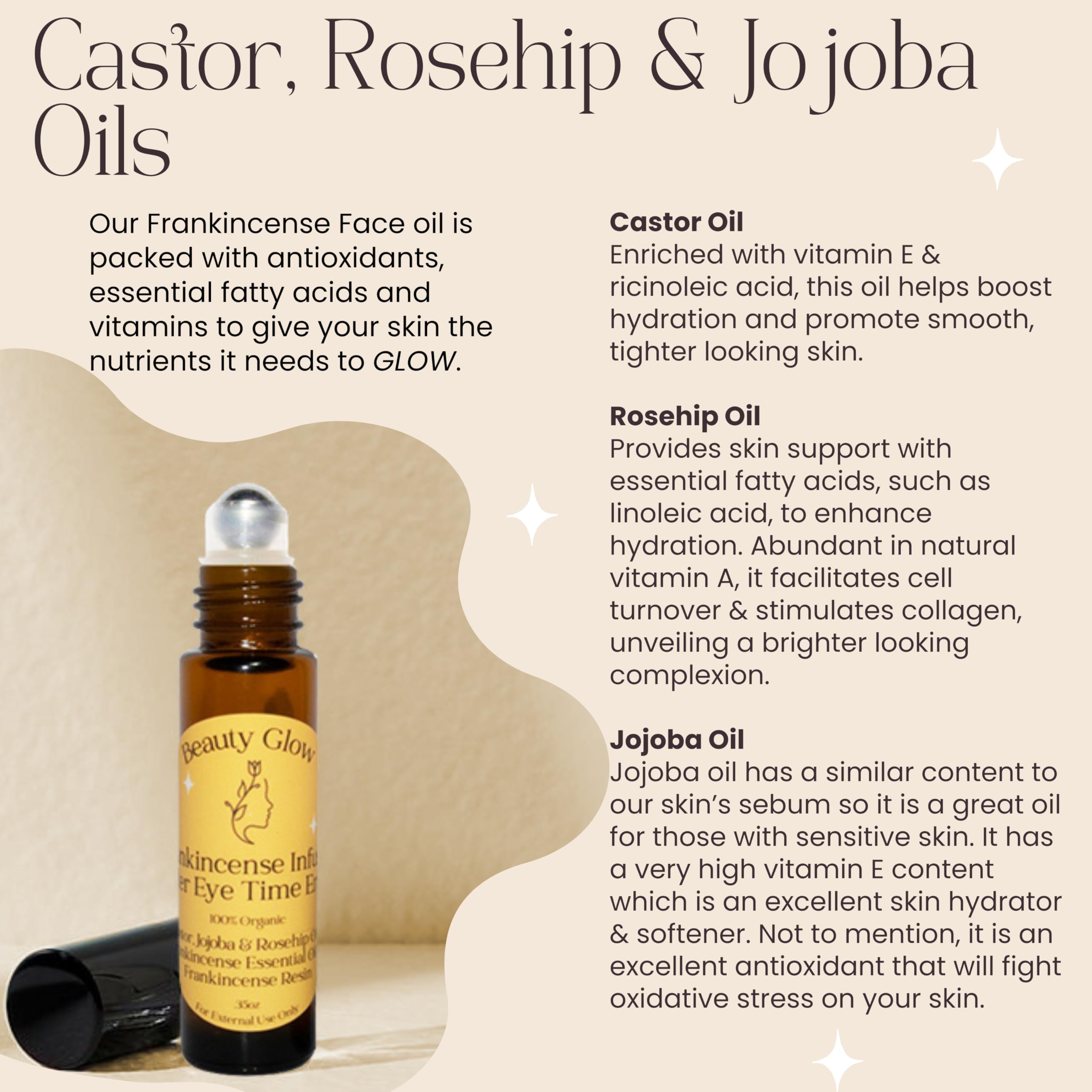 Beauty Glow Age Eraser Roll-On, huile de ricin pour peau sensible et nourrissage léger.