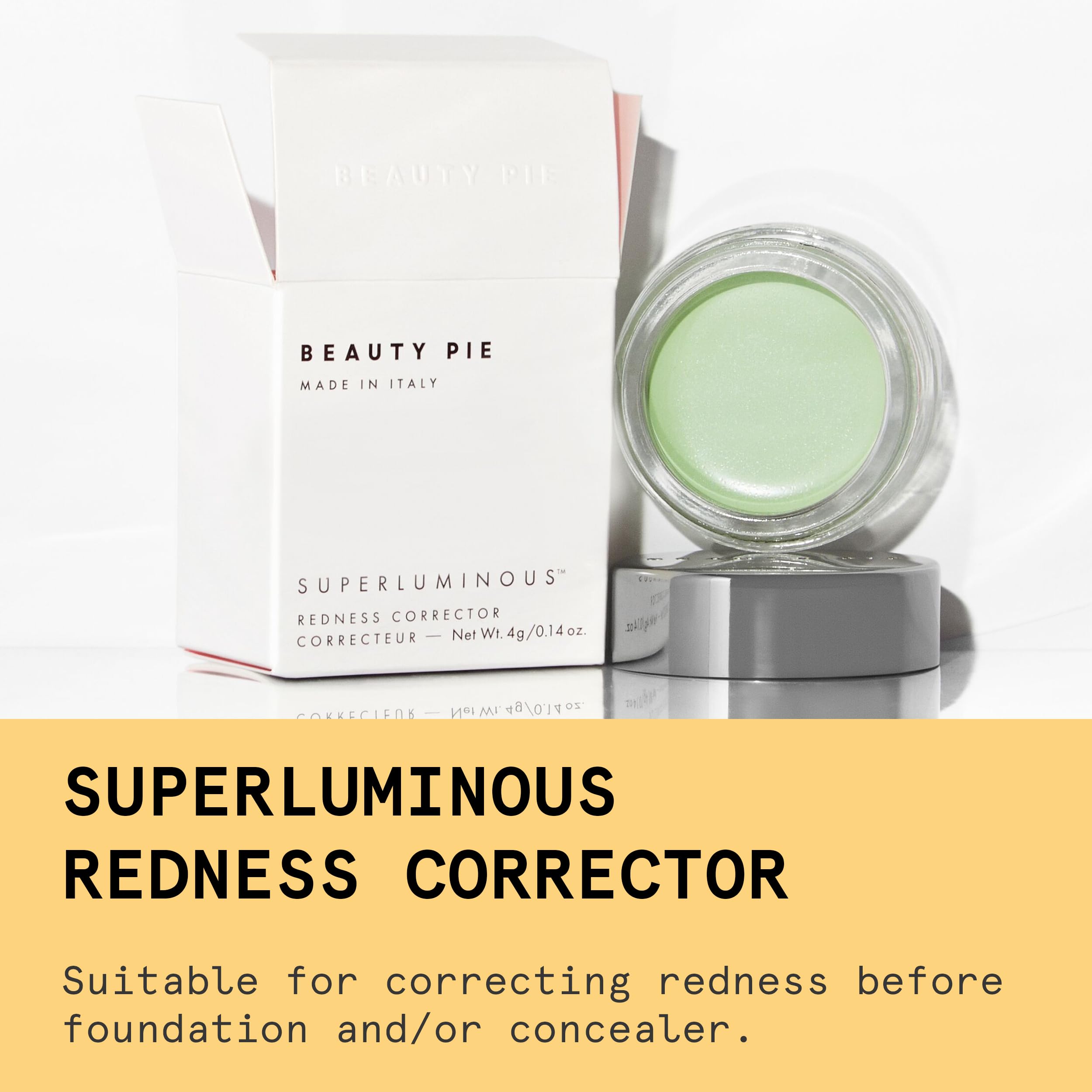 Beauty Pie Superluminous Redness Corrector verte, bisabolol apaisant pour peau sensible.