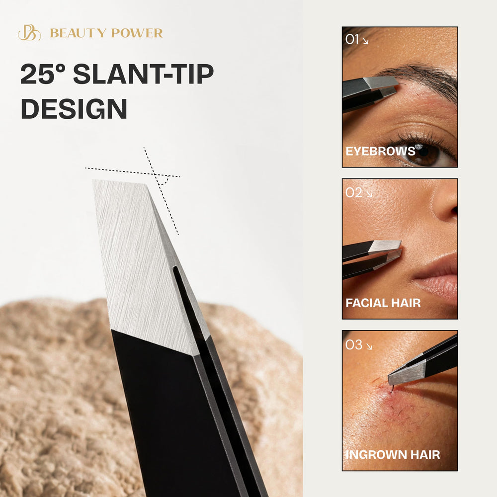 Beauty Power Tweezers avec étui PU cuir pour le voyage.