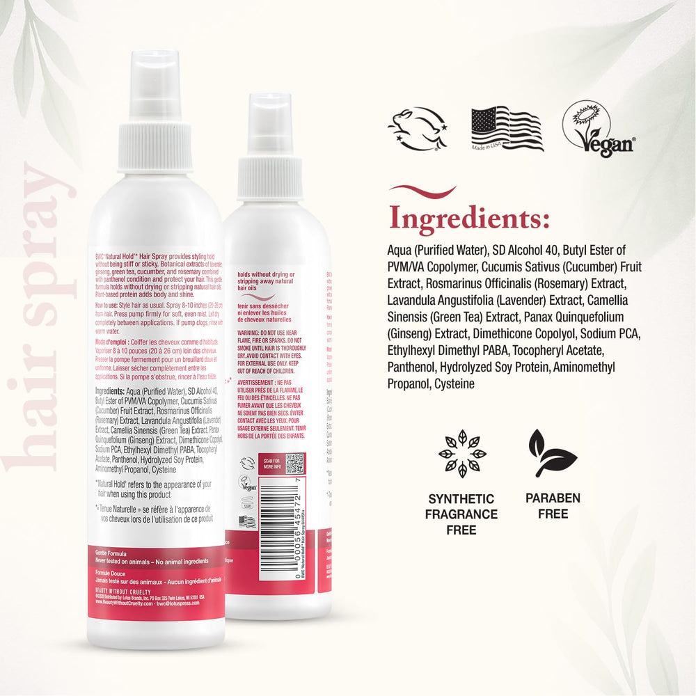 Beauty Without Cruelty Hair Spray Natural Hold – aérosol non utilisé, frizz maîtrisé.
