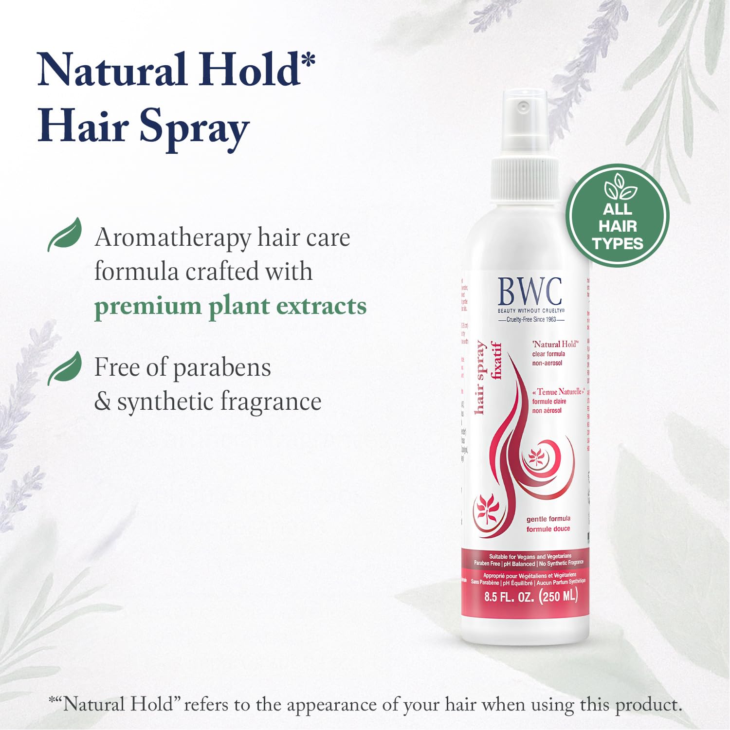 Beauty Without Cruelty Hair Spray Natural Hold – extrait de romarin et lavande pour parfum subtil.
