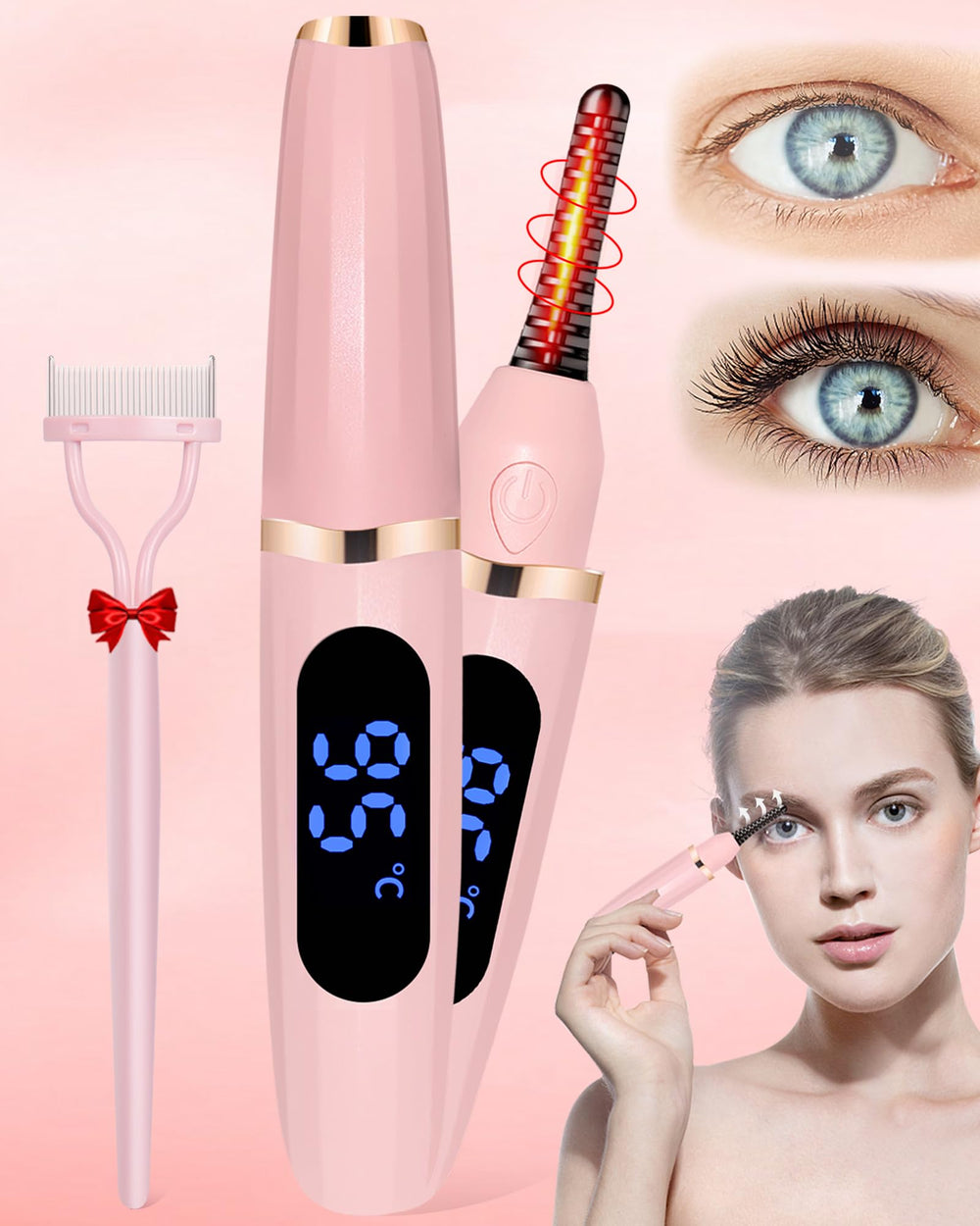 BeautyCurls cure-cils chauffant avec affichage 3 niveaux pour regards variés.