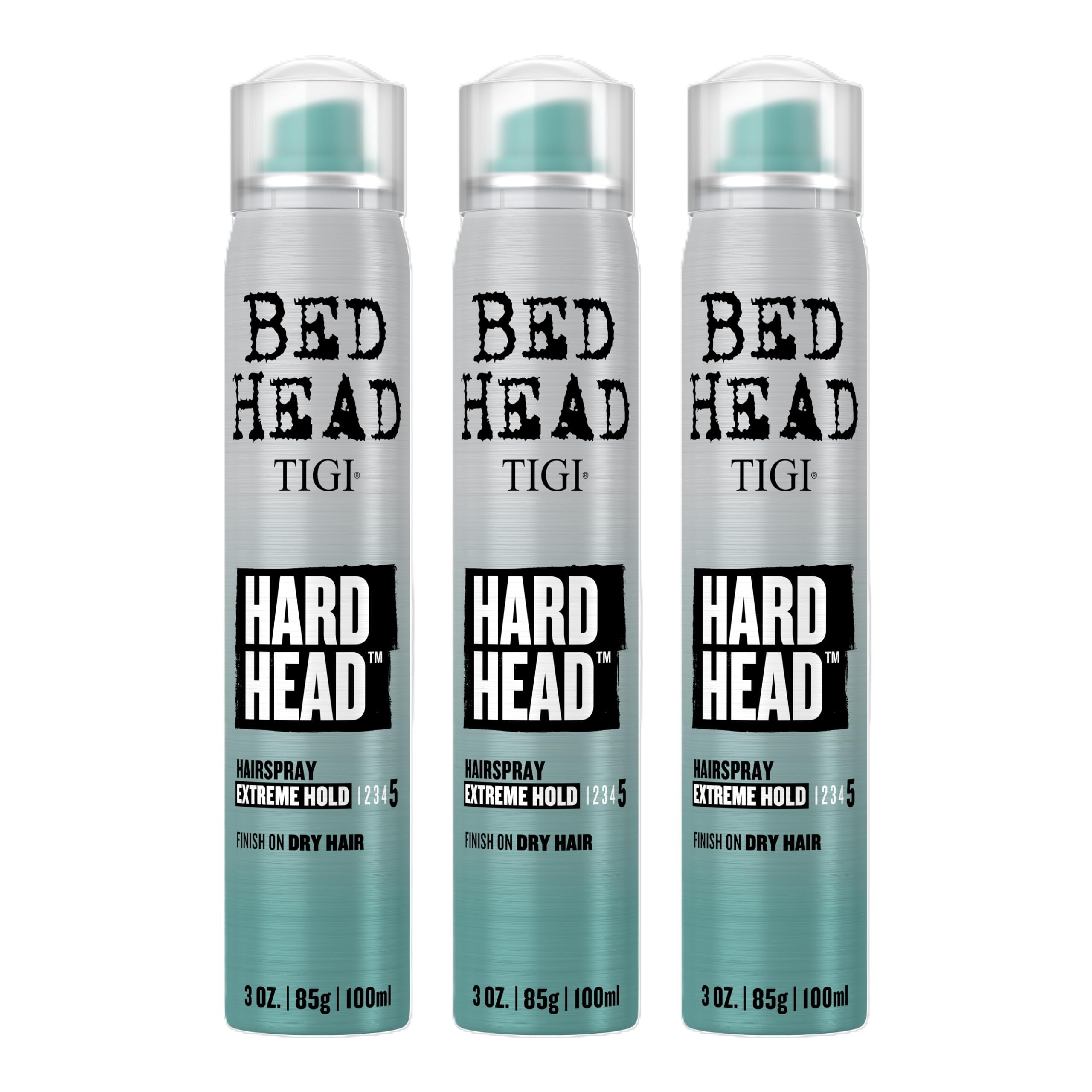 Bed Head Hard Head hairspray bottle showing extra-strong hold for all hair types.