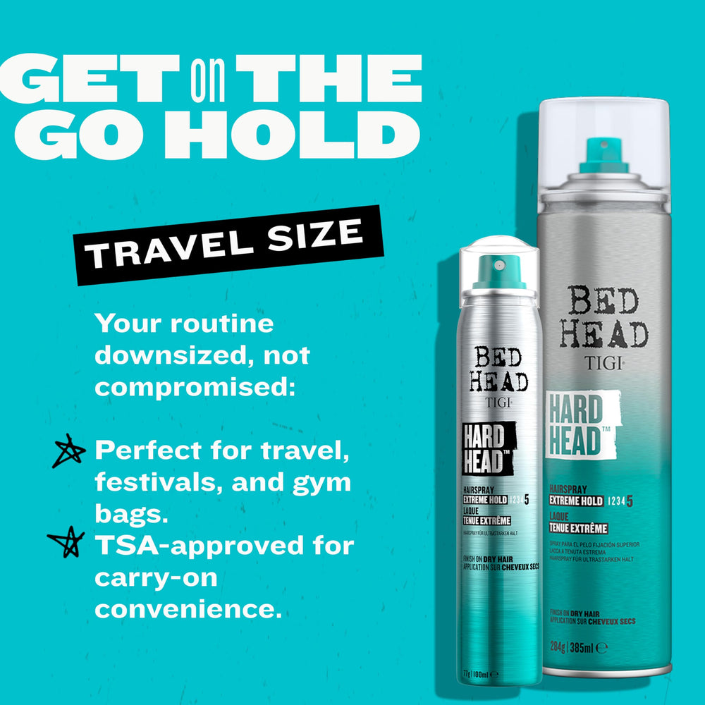 Hands spraying Bed Head Hard Head for long-lasting styling hold.