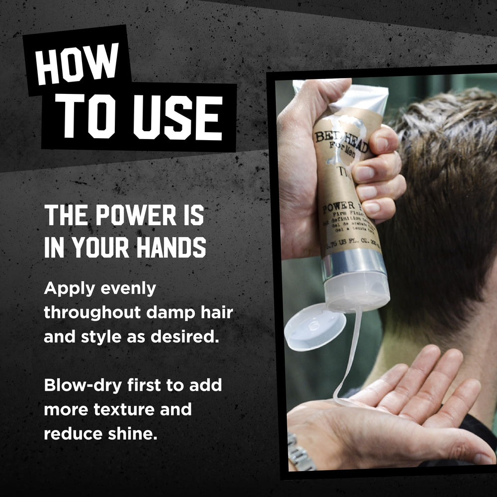 Application facile du gel Power Play Bed Head pour un coiffage contrôlé.