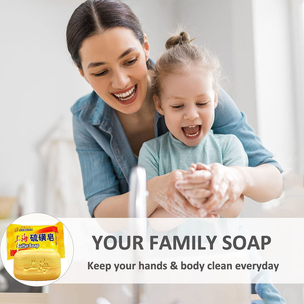 Texture of Bee & Flower Shanghai sulfur soap: yellow bar with orange streaks for cleansing