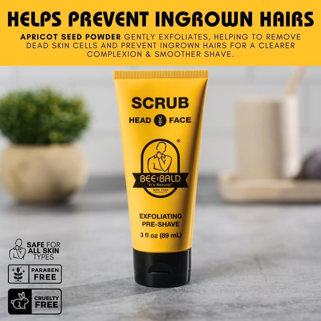 Bee Bald SCRUB peau lissée avant rasage pour un passage de lame fluide.