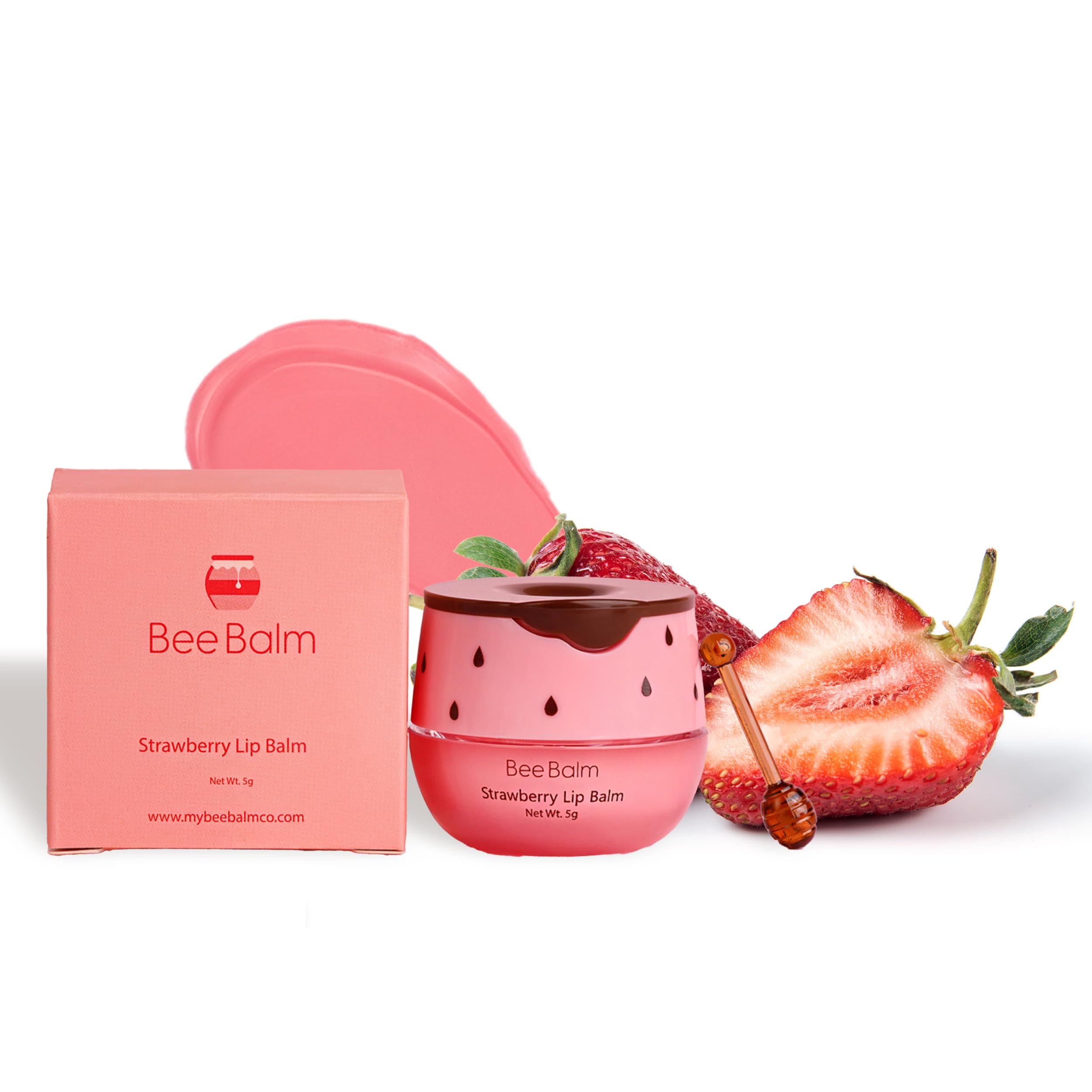 Bee Balm Original lip balm strawberry honey pot close-up showing hydrating formula for dry lips
