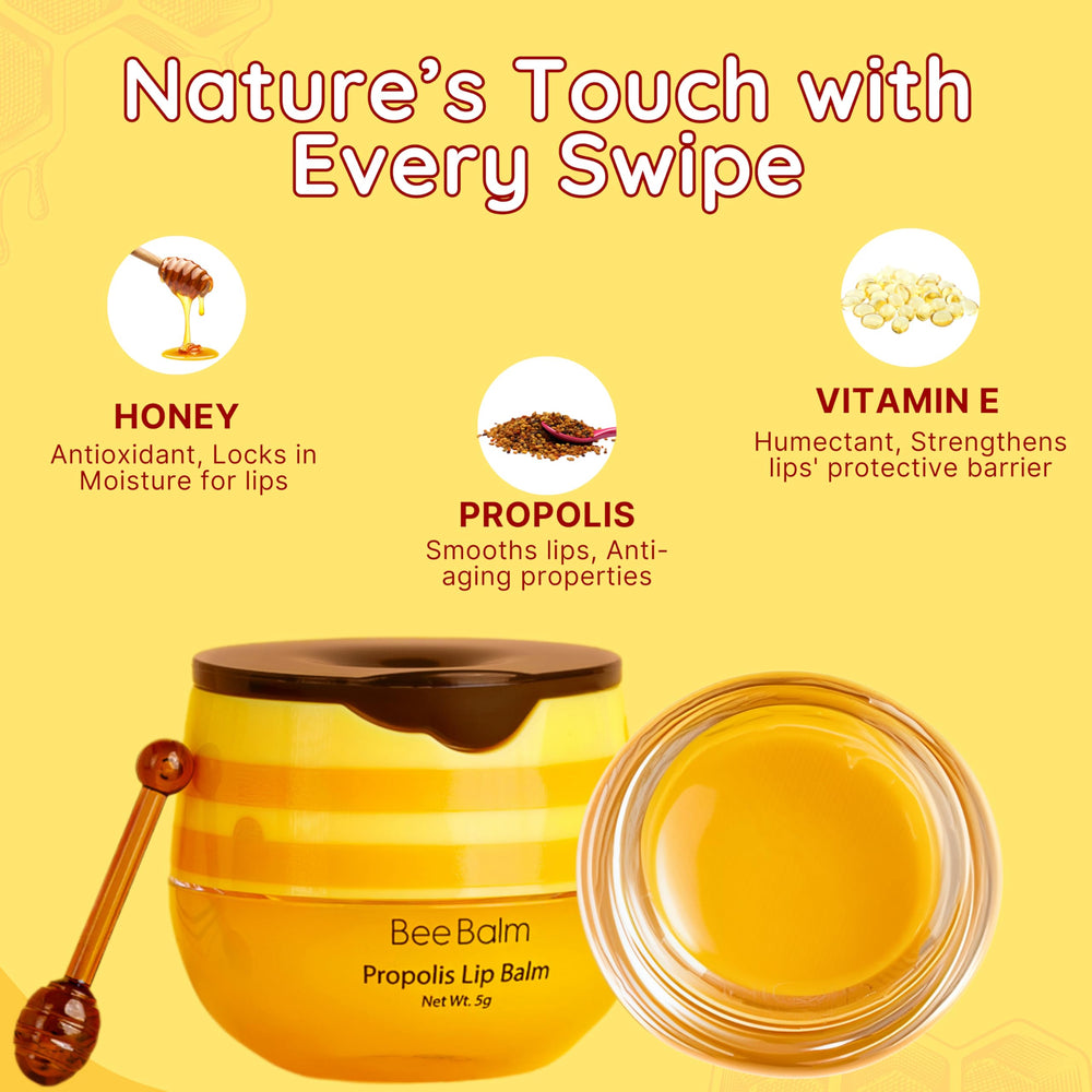 Bee Balm propolis honey infusion highlights hydration and gentle lip repair.
