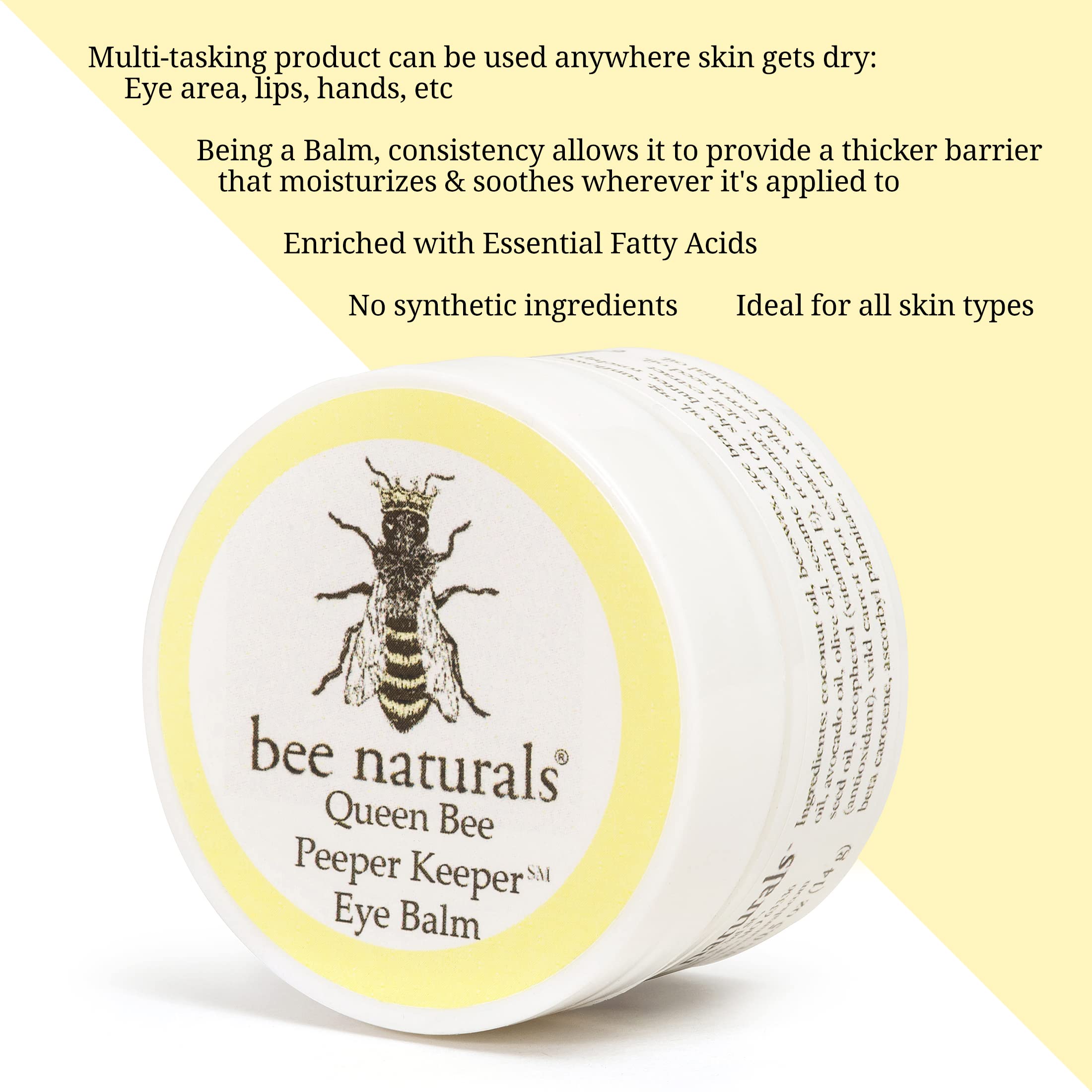 Application shot of Bee Naturals eye balm, creamy texture glides under the eyes.