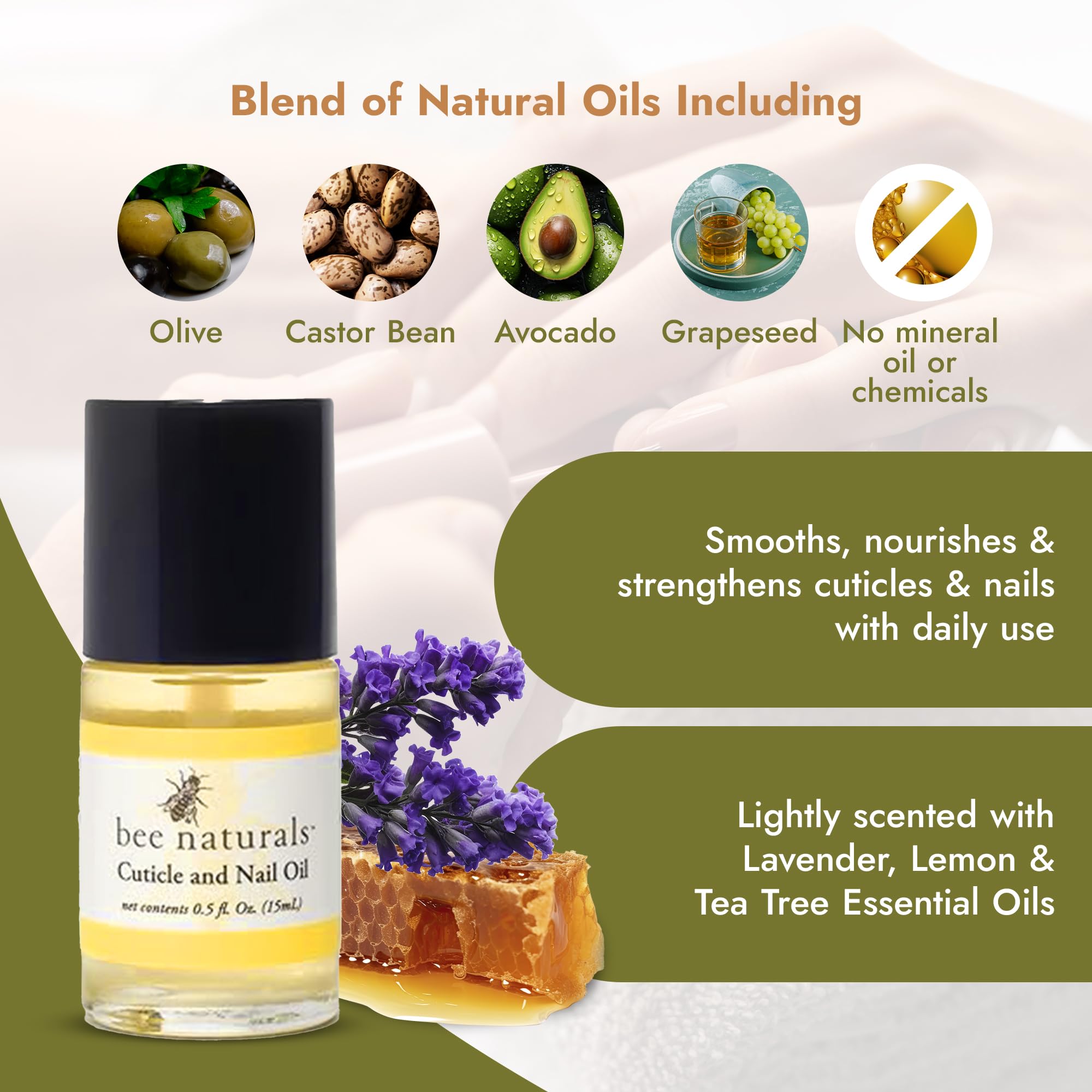 Bee Naturals huile-ongles-cuticules, parfum léger lavande et citron.